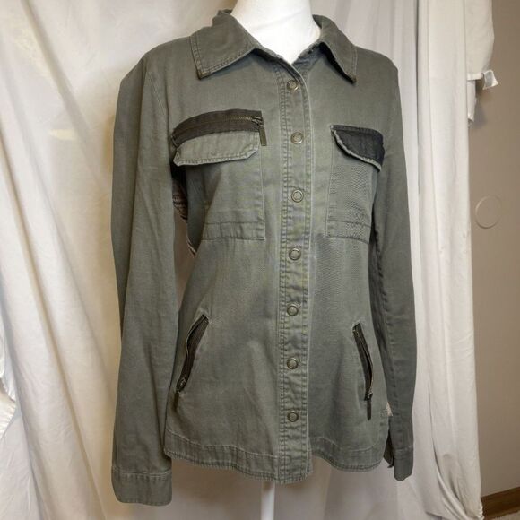 BKE Military Green Denim Jacket Womens Cotton Yarn Knit Stretch Designer - Picture 3 of 6